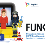 Symbolbild der Fachtagung FUNKE 2025: Comicartige Darstellung von Einsatzkräften in Chemieschutzkleidung, dazu der Titel Fachtagung Funke: Strategie und Einsatz - CBRN-Bewältigung im Rundumblick
